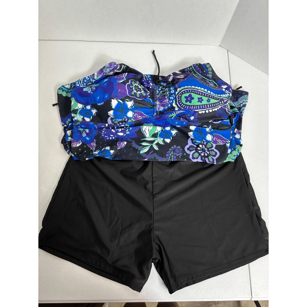 Anna Nicole Womens Plus 20W Paisley Floral Tankini Swimsuit Set Blue Black Short